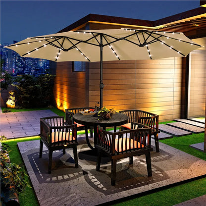 Yaheetech 13/15ft Double-Sided Patio Umbrella with 36 LED Lights, Crank and Base for Garden, Backyard and Pool