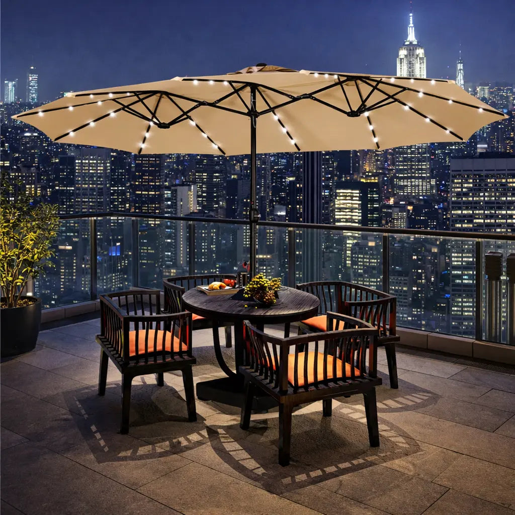 Yaheetech 13/15ft Double-Sided Patio Umbrella with 36 LED Lights, Crank and Base for Garden, Backyard and Pool